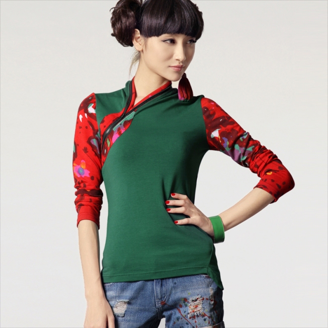 Liebo New Print Color Block Side Zipper Long Sleeve T Shirt